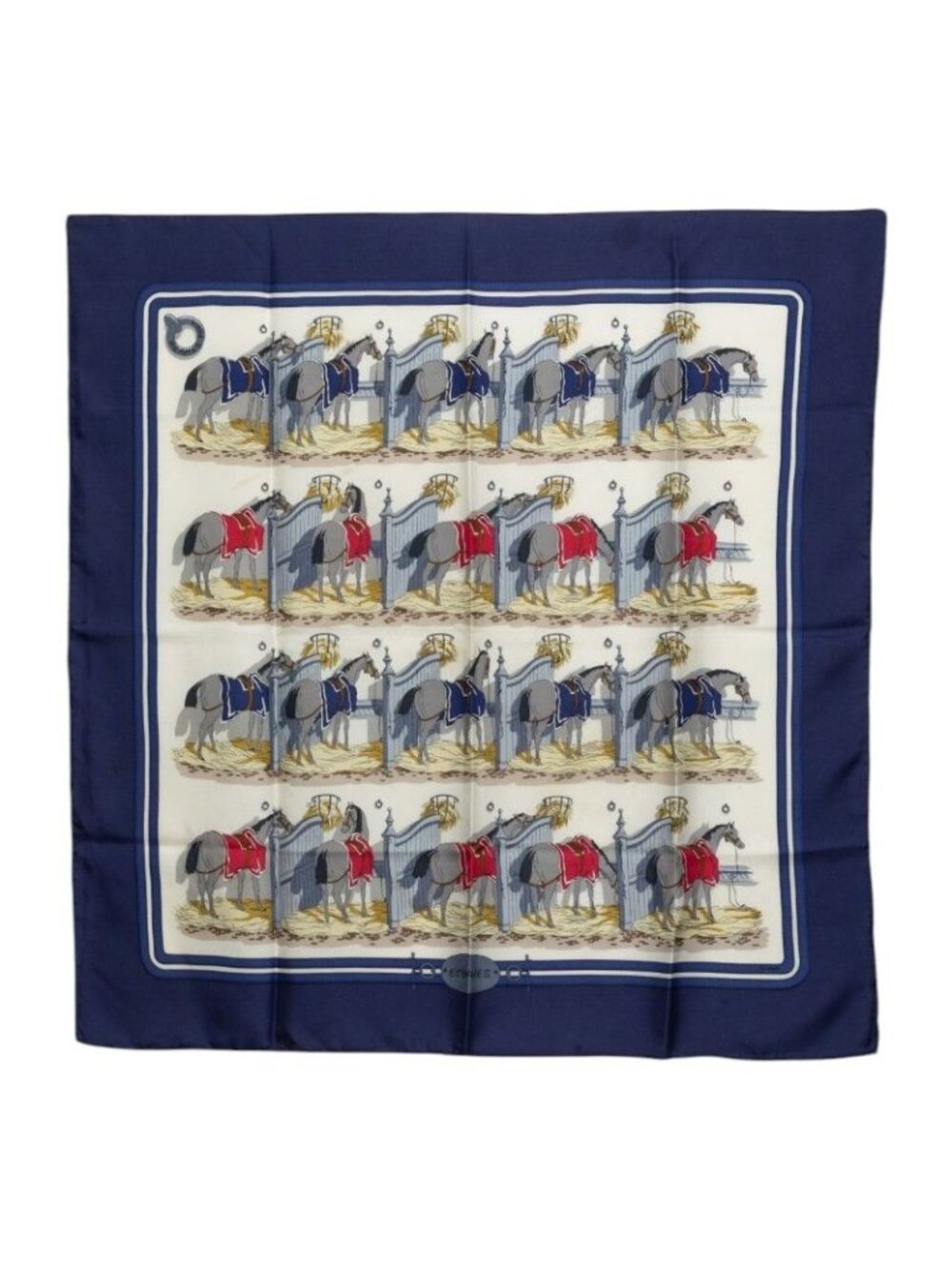 Hermes Carre 90 Ecuries Stable Scarf Large Navy Multicolor Silk